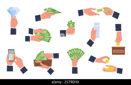 Money hands. Businessmen arms hold dollars and cents, electronic and cash financial transactions, donations, bills and coins. Wallets, stacks and bundles dollars vector flat style cartoon isolated set. Money hands. Businessmen arms hold dollars and cents, electronic and cash financial transactions, donations, bills and coins. Wallets, stacks and bundles dollars, vector flat isolated set Stock Vector