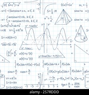 Seamless pattern math formulas. Exact school equations and functions, education, science, algebraic and geometric, doodles signs on white background. Decor textile, wrapping paper, vector print. Seamless pattern math formulas. Exact school equations and functions, education, science, algebraic and geometric, doodles signs on white. Decor textile, wrapping paper, vector print Stock Vector
