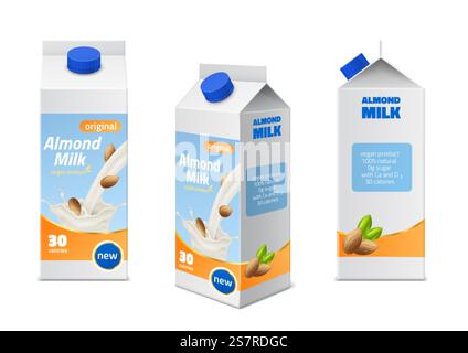 Milk packaging design. Realistic almonds drink boxes different angles view, natural vegan beverages, 3d pack with white splash, nuts and green leaves. Advertising template vector isolated on white set. Milk packaging design. Realistic almonds drink boxes different angles view, natural vegan beverages, 3d pack with white splash, nuts and green leaves. Vector isolated on white set Stock Vector
