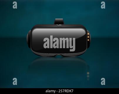 Realistic 3d Virtual Reality Headset Box Closeup front View. Futuristic Innovation digital cyberspace Technology Simulation Symbol. Vector stereoscopic vr mask device on green blue background. Realistic 3d Virtual Reality Headset Box Closeup front View. Futuristic Innovation digital cyberspace Technology Simulation Symbol. Vector stereoscopic vr mask device on green blue background. Stock Vector