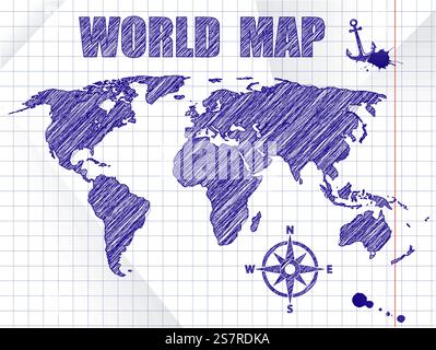 Blue ink sketched navigation world map on school notebook sheet background.. Blue ink sketched navigation world map on school notebook sheet background Stock Vector