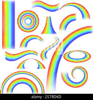 Rainbow realistic. Arch joyful summer spring rainbow lights, rain and sun effect. curved and straight multicolor stripes, decor elements collection. Natural weather effect vector isolated on white set. Rainbow realistic. Arch joyful summer spring rainbow lights, rain and sun effect. curved and straight multicolor stripes, decor elements collection. Natural weather effect vector isolated set Stock Vector