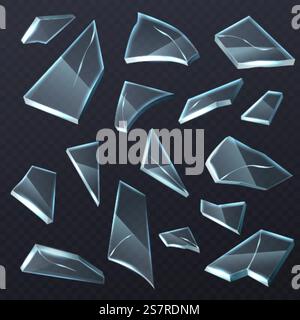 Broken glass shards. Realistic transparent different shapes pieces. 3D crashed fragments mockup with cracks. Isolated shattered window debris collection. Vector damaged mirror triangular particles set. Broken glass shards. Realistic transparent different shapes pieces. 3D crashed fragments with cracks. Shattered window debris collection. Vector damaged mirror triangular particles set Stock Vector