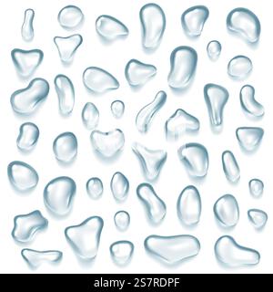 Water drops. Realistic agua bubble after rain or nature steam on blue window glass collection. Wet surface pattern, pure closeup droplets, condensation abstract background. Vector 3d isolated set. Water drops. Realistic agua bubble after rain or nature steam on blue window glass collection. Wet surface pattern, pure closeup droplets, condensation abstract background vector set Stock Vector