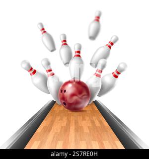 Realistic bowling strike. Hitting ball on pins moment, flying 3d isolated on white background element, focus and out, wooden alley, playing championship, game equipment, bowl game sport vector concept. Realistic bowling strike. Hitting ball on pins moment, flying 3d isolated on white background element, wooden alley, playing championship, game equipment, bowl game sport vector concept Stock Vector