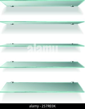 Shelves glass. Wall product display transparent, empty store shelving. Glass showcase various angle view, showcase for books, presentation element for gallery exposition. Vector isolated on white set. Shelves glass. Wall product display transparent, empty store shelving. Glass showcase various angle view, showcase for books, presentation element for gallery exposition. Vector isolated set Stock Vector