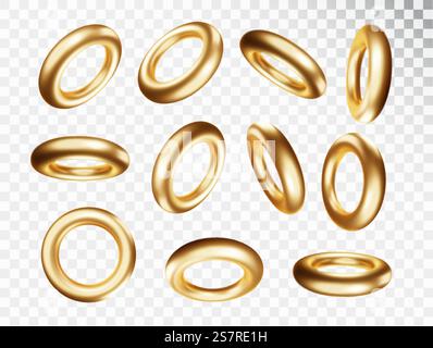Gold Torus in various projections set isolated on transparent background. Gold realictick 3d primitives model for trendy design.. Gold Torus in various projections set isolated on transparent background. Gold realictick 3d primitives model for trendy design Stock Vector