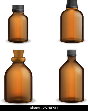 Bottles glass medical. Realistic brown blank transparent packaging with plastic cap, pharmacy syrup bottle 3d. Aromatherapy essential oil and cosmetic flasks different sizes. Vector isolated set. Bottles glass medical. Realistic brown blank transparent packaging with plastic cap, pharmacy syrup bottle 3d. Aromatherapy essential oil and cosmetic flasks different sizes vector set Stock Vector