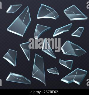 Broken glass shards. Realistic transparent different shapes pieces. 3D crashed fragments mockup with cracks. Isolated shattered window debris collection. Vector damaged mirror triangular particles set. Broken glass shards. Realistic transparent different shapes pieces. 3D crashed fragments with cracks. Shattered window debris collection. Vector damaged mirror triangular particles set Stock Vector