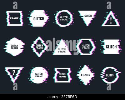 Glitch effects frames. Distortion and noise abstract minimalistic shapes, digital interferences design, broken forms modern graphic. Trendy minimal poster templates with copy space vector isolated set. Glitch effects frames. Distortion and noise abstract minimalistic shapes, digital interferences design, broken forms modern graphic. Trendy minimal poster templates vector isolated set Stock Vector