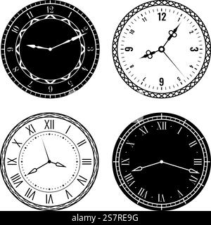Clock faces. Elegant design parts watches with roman and arabic numerals, carved clock hands on white and black dial, modern and retro ornamental frames. Stylized interior decor, vector isolated set. Clock faces. Elegant design parts watches with roman and arabic numerals, carved clock hands on white and black dial, ornamental frames. Stylized interior decor, vector isolated set Stock Vector