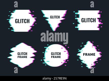 Glitch frames. Noise and distortion abstract minimalistic shapes, digital interferences trendy design, broken forms modern graphic. Modern minimal poster templates with copy space. Vector isolated set. Glitch frames. Noise and distortion abstract minimalistic shapes, digital interferences trendy design, broken forms modern graphic. Modern minimal poster templates. Vector isolated set Stock Vector