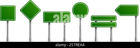 Road signs green. Square round and horizontal city signboard collection, empty warning and forbidden urban metal direction information boards template vector isolated on white background realistic set. Road signs green. Square round and horizontal city signboard collection, empty warning and forbidden urban metal direction information boards template vector isolated realistic set Stock Vector