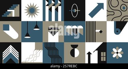Squares with abstract prints and drawings, geometric shapes in grids. Tile with arrow showing direction, lamps, sunshine and house. Minimalist flower and staircase line art. Vector in flat style. Abstract squares, grid with lines geometric shape Stock Vector