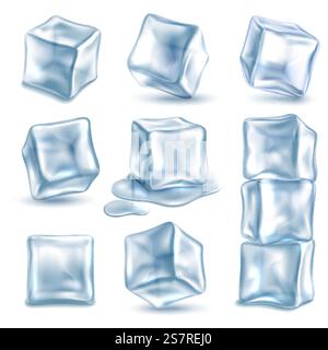 Cubes ice. 3d ice piece different angles for cold drinks, transparent frozen and melted clear water blocks, beverage cooling. Glacial aqua objects pyramid. Vector isolated on white background set. Cubes ice. 3d ice piece different angles for cold drinks, transparent frozen and melted clear water blocks, beverage cooling. Glacial aqua objects pyramid. Vector isolated on white set Stock Vector