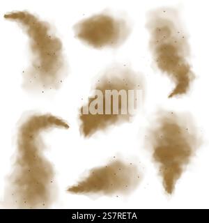 Sand cloud. Dust fog dry, desert sandy air 3d explosion with flying particles. Windy city smog, urban pollution. Brown dirty spray, decor elements collection. Vector isolated realistic textures set. Sand cloud. Dust fog dry, desert sandy air 3d explosion with flying particles. City smog, urban pollution. Brown dirty spray, decor elements collection. Vector isolated realistic textures set Stock Vector