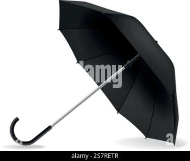 Open umbrella. Realistic black mockup. Side view weather object on ground with shadow, rain protect, parasol for branding, advertise and presentation single vector isolated on white background element. Open umbrella. Realistic black mockup. Side view weather object on ground with shadow, rain protect, parasol for branding, advertise and presentation single vector isolated element Stock Vector