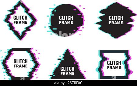 Frames glitch. Graphics distorted with abstract offset effects. Geometric damaged shapes with neon glowing, trendy minimal poster template, modern card or banner with copy space. Vector isolated set. Frames glitch. Graphics distorted with abstract offset effects. Geometric damaged shapes with neon glowing, trendy minimal poster template, modern card or banner vector isolated set Stock Vector