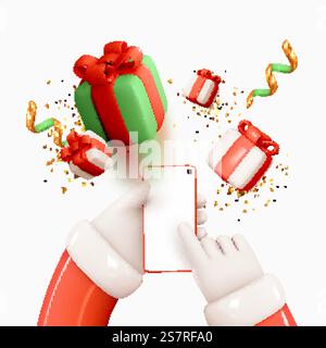 Christmas background. Hands Santa Claus&rsquo;s hold mobile phone, smartphone and click on screen. Realistic 3d gifts boxes blur fall effect. Smartphone mock up with Christmas design. Vector illustration Stock Vector
