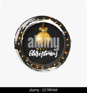 Christmas greeting illustration. Round hole, black abstract frame, with bright light golden garlands, and xmas ornaments balls.. Christmas greeting illustration. Round hole, black abstract frame, with bright light golden garlands, and xmas ornaments balls Stock Vector