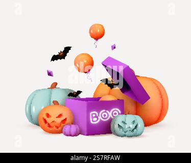 Happy Halloween. Orange pumpkins with emotion on his face scary smile, purple surprise gift boxes. Realistic 3d design. Creative Decor for poster, web banner, flyer, brochure. Vector illustration Stock Vector
