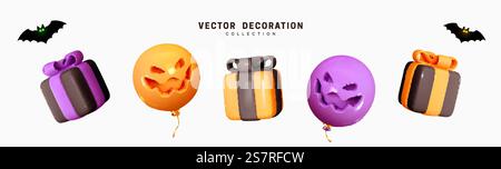 Set of decorative elements for Halloween. Emotional Smile Balloons with scary, evil on their faces. Realistic 3d design gift box. Traditional element of decor for holiday. Vector illustration Stock Vector