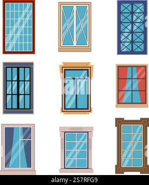 Windows frames flat. Colorful various window frame wooden and plastic with sills front view, exterior architectural house wall. Building modern and classic exterior elements. Vector isolated set. Windows frames flat. Colorful various window frame wooden and plastic with sills front view, exterior architectural house wall. Building modern and classic exterior vector isolated set Stock Vector