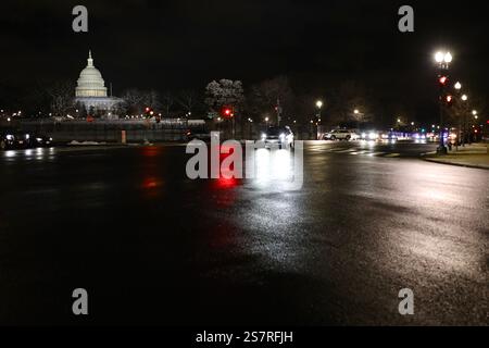 The US capitol is pictured on the eve before Inauguration Day. Fencing were erected and traffic was restricted on some streets in downtown Washington for the occasion. After his election over Democratic candidate Kamala Harris on November 5, Donald Trump will be inaugurated on Monday, January 20. He will become the 47th President of the United States. The inauguration ceremony will place inside the US Capitol, due to a cold snap. The last time an indoor ceremony was held was in 1985. (Photo by Apolline Guillerot-Malick/SOPA Images/Sipa USA) Stock Photo