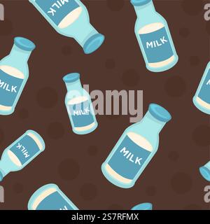 Fresh and organic milk poured in bottle with sticker. Product or ingredient for cooking and healthy dieting, nourishment and eating. Seamless pattern, background or print. Vector in flat style. Milk in bottle, dairy products seamless pattern Stock Vector