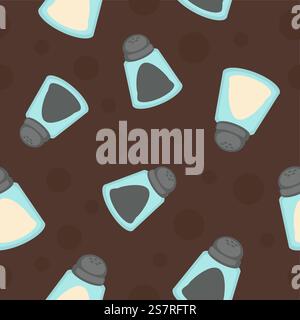 Pepper and salt in glass container, cooking ingredients and condiments for meals. Preparing food and dishes with flavor/ Seamless pattern, wallpaper or background print. Vector in flat style. Salt and pepper spices, cooking seamless pattern Stock Vector