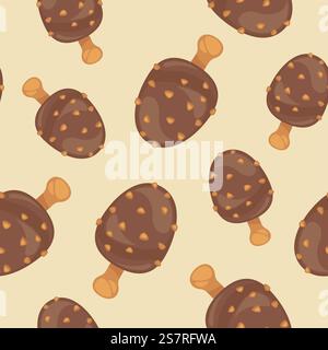 Frozen dessert for summer, delicious ice cream on stick. Gelato glazed in chocolate and sprinkled with nut pieces or cuts. Seamless pattern, wallpaper or background print. Vector in flat style. Ice cream glazed with chocolate and nut pieces Stock Vector