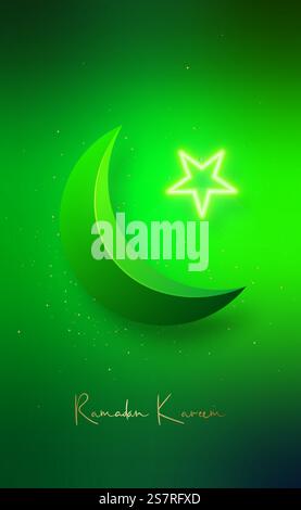 Ramadan Kareem vertical banner with crescent moon and green neon star. Modern arabic greeting design. Stock Vector