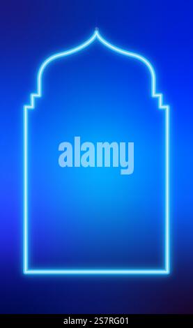 Blue mosque window frame in neon style. Glowing neon banner for decoration and covering. Traditional Islamic holidays Ramadan Kareem, Eid Mubarak. Stock Vector