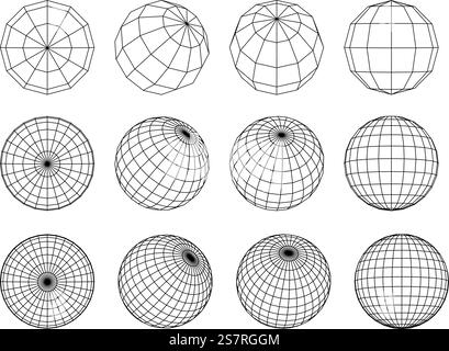 Wireframe sphere with different structure of mesh frame isolated. Abstract grid globes in different positions. Wireframe sphere with different structure of mesh frame isolated. Abstract grid globes in different positions. Stock Vector