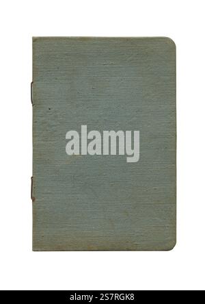 front view closeup detail of small old notebook with vintage stained cloth buckram blue cover isolated on white Stock Photo