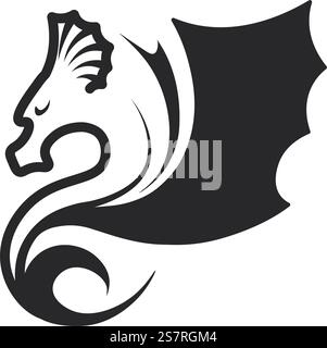 Dragon with wings, large reptilian creature isolated icon. Folklore and mythology of cultures. Black and white animal breathing fire and flames. Monochrome sketch outline. Vector in flat style. Large, reptilian creature dragon with wings vector Stock Vector