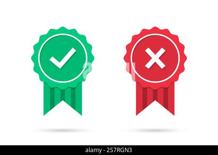 Check and cross medal icons in a flat design. Green approved and red rejected medal badge with shadow. Set of certified medal icons. Vector illustration Stock Vector