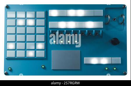 A blue control panel featuring illuminated lights and various switches designed for industrial or electronic applications on white Stock Photo
