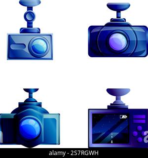 Car registrar icons set cartoon vector. Car dvr. Modern technology. Car registrar icons set cartoon vector. Car dvr Stock Vector