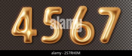 Golden chrome numbers set 3d realistic. Metal golden glossy font number 4, 5, 6, 7. Decoration for banner, cover, birthday or anniversary party invitation design. Golden chrome numbers set 3d realistic. Metal golden glossy font number 4, 5, 6, 7. Decoration for banner, cover, birthday or anniversary party invitation design. Stock Vector
