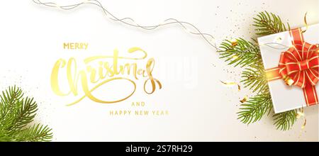 Christmas and new year banner. Background Xmas design of realistic gifts box with red bow and shimmering confetti. Horizontal christmas poster, greeting card, headers for websit. Christmas and new year banner. Background Xmas design of realistic gifts box with red bow and shimmering confetti. Horizontal christmas poster, greeting card, headers for websit. Stock Vector