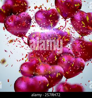 Balloon Hearts. Vector holiday illustration of flying bunch of red balloon hearts, lens flare light effect, sparkling golden confetti. Happy Valentines Day. Festive decoration. Wedding background. Balloon Hearts. Stock Vector