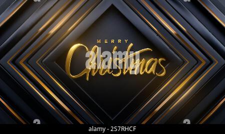 Merry Christmas. Vector holiday illustration. Festive decoration of golden realistic 3d lettering on black geometric background with glowing gold lines. Xmas poster. Festive banner design. Merry Christmas. Vector holiday illustration Stock Vector