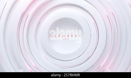 White circle shapes with soft pink glossy stripes. Abstract geometric background. Vector 3d illustration. Concentric rings backdrop. Elegant cover design. White circle shapes with soft pink glossy stripes. Stock Vector