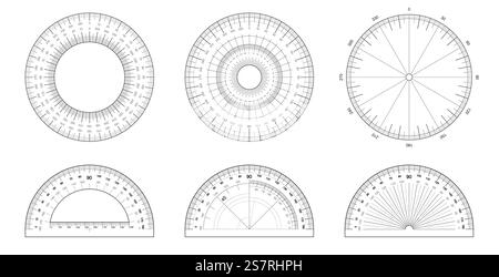 Protractor and Measuring Circle set. Angles measuring tool. Protractors scale 360 and 180 gradus. Actual size graduation.. Protractor and Measuring Circle set. Angles measuring tool. Protractors scale 360 and 180 gradus. Actual size graduation Stock Vector