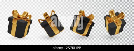 Set of black gift boxes with golden bows isolated. 3d render holiday surprise box. Vector Holiday decorations objects. Set of black gift boxes with golden bows isolated. 3d render holiday surprise box. Vector Holiday decorations objects. Stock Vector