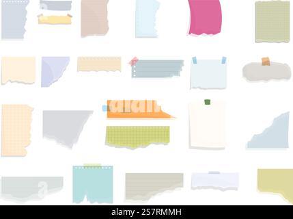 Rip note sheet strip icons set cartoon vector. Torn paper edge. Rip note sheet. Rip note sheet strip icons set cartoon vector. Torn paper edge Stock Vector