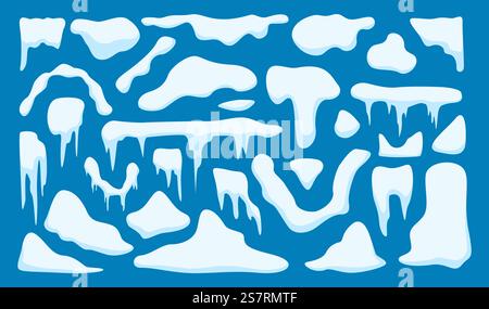 Snow caps collection in a flat design. Set of snowballs and snowdrifts. Cartoon snow caps, snowdrifts and icicles Stock Vector