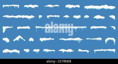 Cartoon snow caps. Set of snowy ice and frozen icicles in a flat design. Snowy Christmas decoration. Snow caps Stock Vector