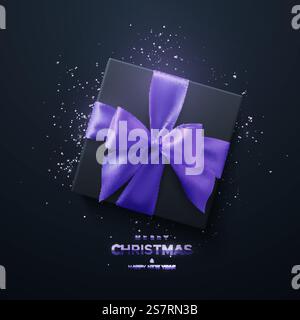 Merry Christmas and Happy New Year metallic sign. Black gift box with purple bow and crossing ribbons on black background. Vector holiday 3d illustration. Square box with confetti particles. Top view. Merry Christmas and Happy New Year metallic sign. Black gift box with purple bow and crossing ribbons on black background. Stock Vector